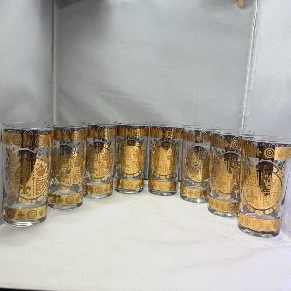 VTG MCM Vito Bari Barware Set 8 Highball Glasses, Ice Bucket & Caddy 22KT Gold